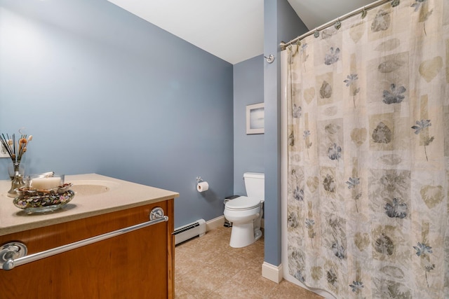 full bath with toilet, tile patterned floors, curtained shower, baseboards, and a baseboard radiator