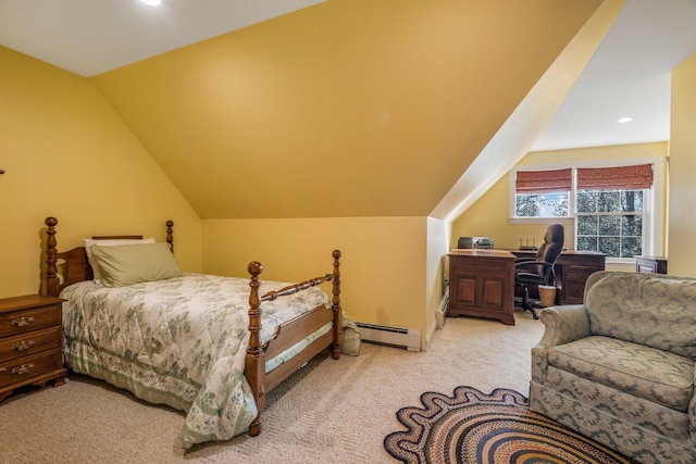 bedroom featuring light colored carpet, vaulted ceiling, a baseboard heating unit, and recessed lighting