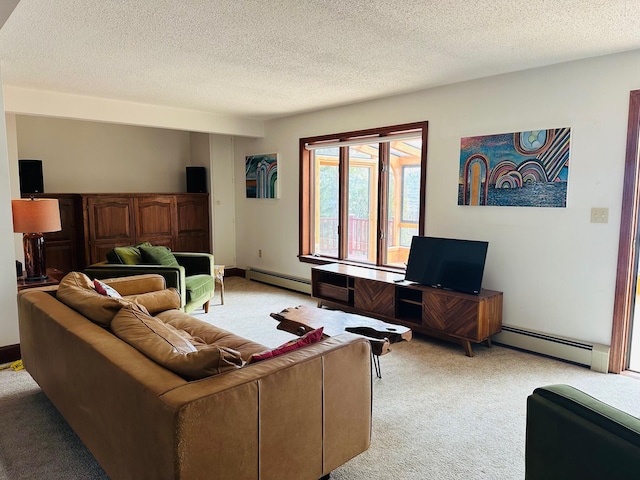 living area with a baseboard heating unit, light colored carpet, and a textured ceiling