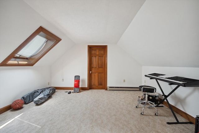 bonus room featuring baseboard heating, lofted ceiling, carpet, and baseboards