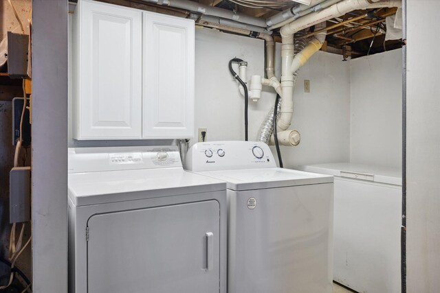 laundry room with independent washer and dryer and cabinet space