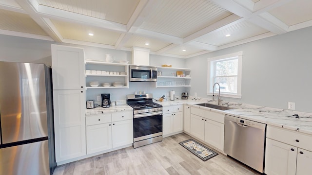 kitchen featuring open shelves, a sink, stainless steel appliances, beamed ceiling, and coffered ceiling