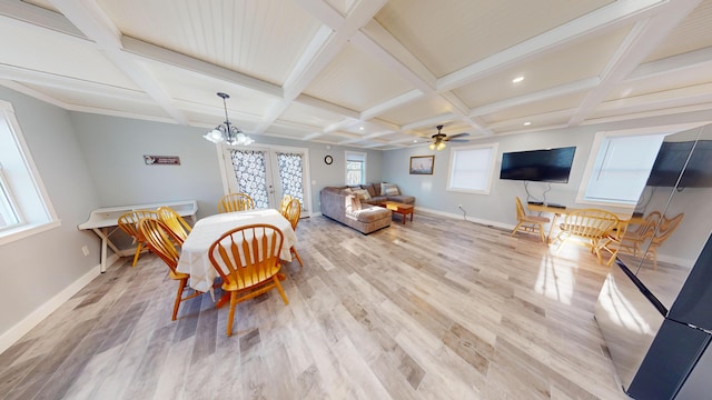 dining space with light wood-type flooring, coffered ceiling, baseboards, and beamed ceiling