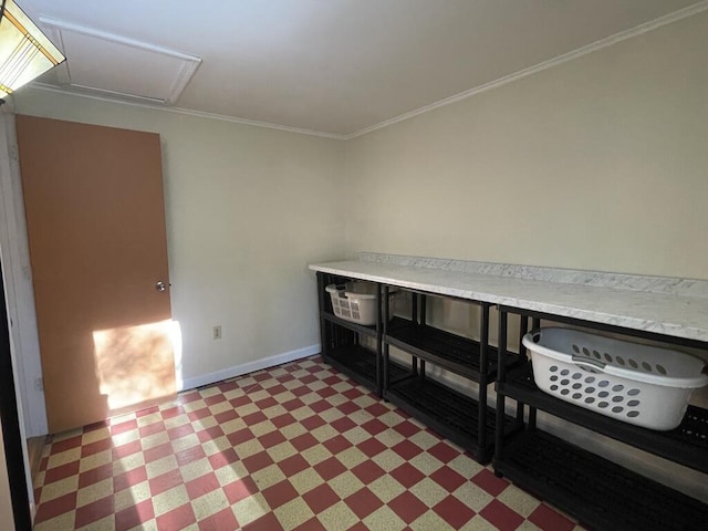 45 Seaview Ter, Belfast, ME 04915 - interior space featuring tile patterned floors, ornamental molding, and attic access