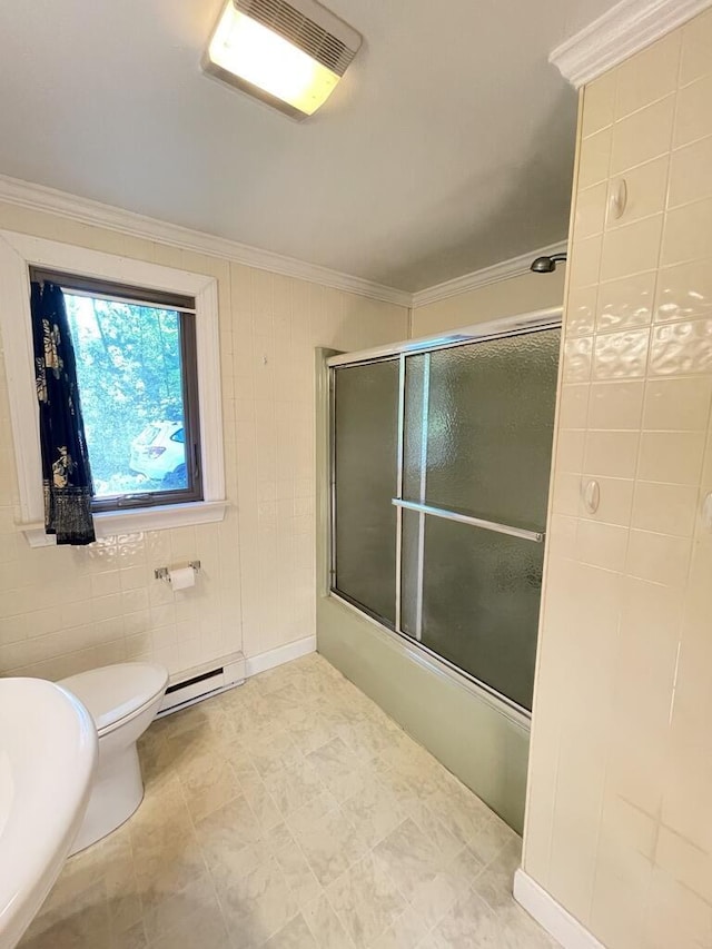 45 Seaview Ter, Belfast, ME 04915 - full bathroom with a baseboard heating unit, ornamental molding, and shower / bath combination with glass door