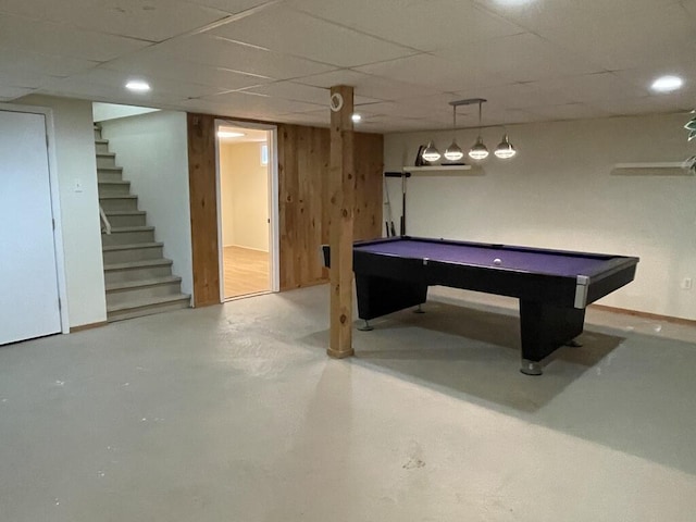 45 Seaview Ter, Belfast, ME 04915 - playroom featuring concrete flooring, billiards table, a drop ceiling, wooden walls, and recessed lighting
