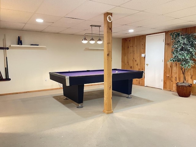 45 Seaview Ter, Belfast, ME 04915 - game room featuring wood walls, pool table, a paneled ceiling, and recessed lighting