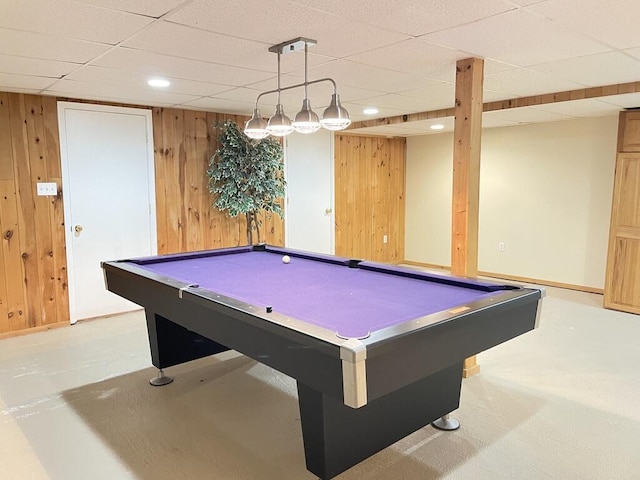 45 Seaview Ter, Belfast, ME 04915 - rec room with billiards table, a paneled ceiling, recessed lighting, and wooden walls