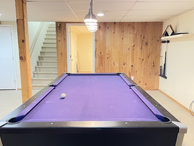 45 Seaview Ter, Belfast, ME 04915 - rec room with billiards, wooden walls, and a drop ceiling