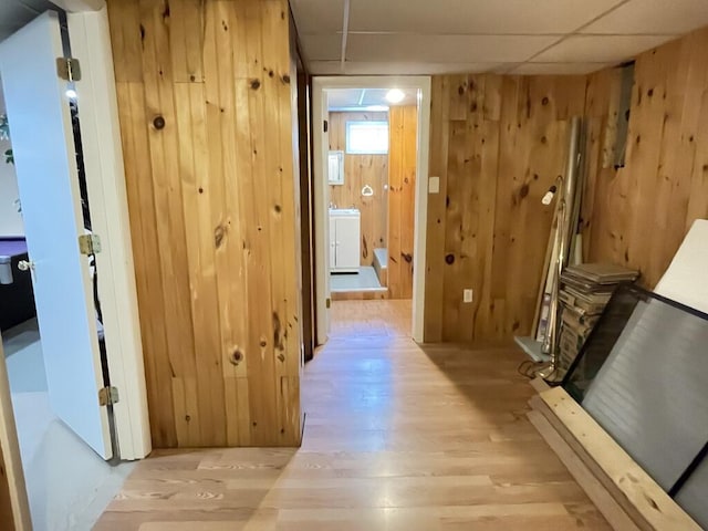 45 Seaview Ter, Belfast, ME 04915 - corridor featuring light wood-type flooring, wooden walls, and a paneled ceiling