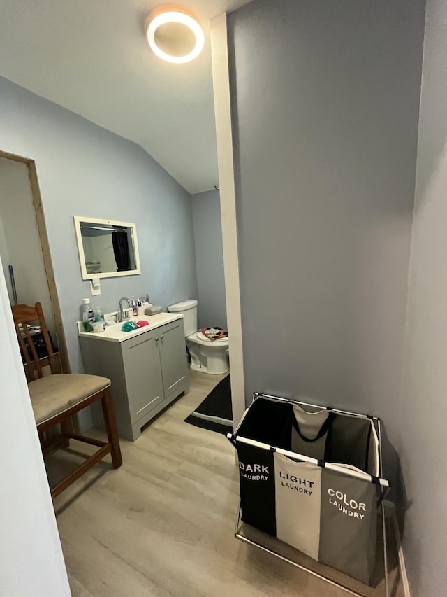 924 Great Pond Rd, Great Pond, ME 04408 - bathroom featuring wood finished floors, lofted ceiling, vanity, and toilet