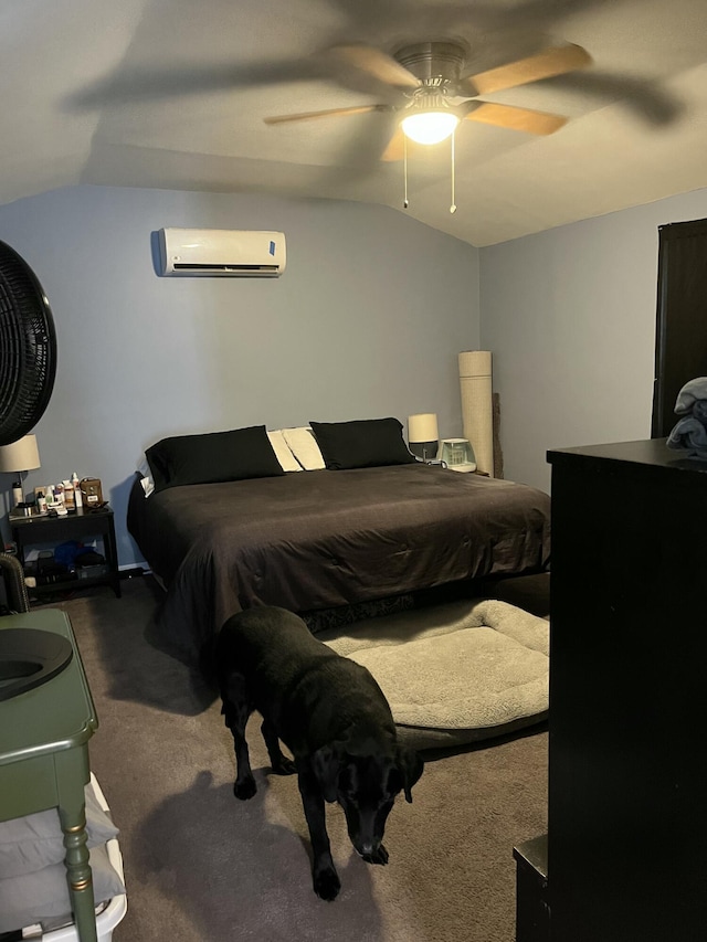 924 Great Pond Rd, Great Pond, ME 04408 - carpeted bedroom with vaulted ceiling, an AC wall unit, and a ceiling fan