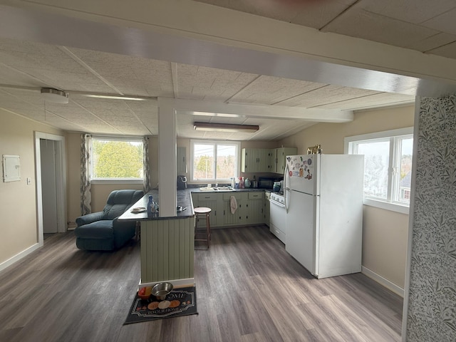 kitchen featuring white appliances, healthy amount of natural light, and wood finished floors