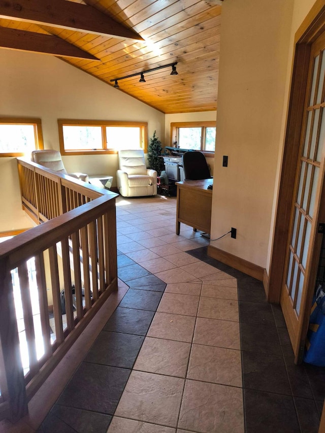 29 Punkin Hill Rd, South Thomaston, ME 04858 - hallway featuring wooden ceiling, lofted ceiling, baseboards, and tile patterned floors