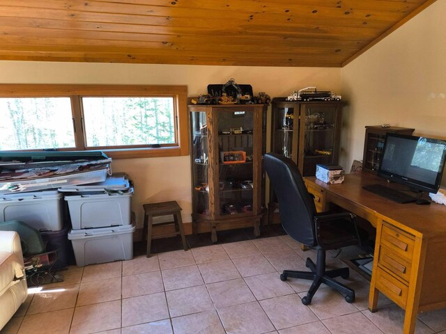 29 Punkin Hill Rd, South Thomaston, ME 04858 - home office with wood ceiling, lofted ceiling, and tile patterned floors