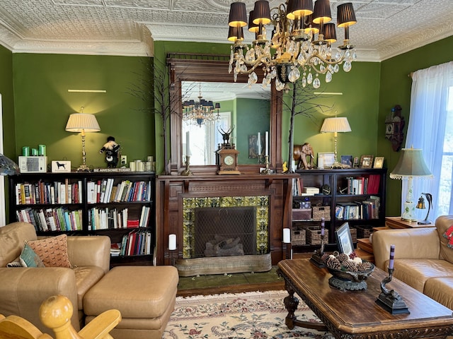 17 Boynton St, Eastport, ME 04631 - living room with a chandelier, an ornate ceiling, a premium fireplace, ornamental molding, and wood finished floors