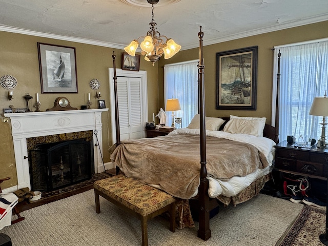 17 Boynton St, Eastport, ME 04631 - bedroom with a chandelier, crown molding, and a high end fireplace