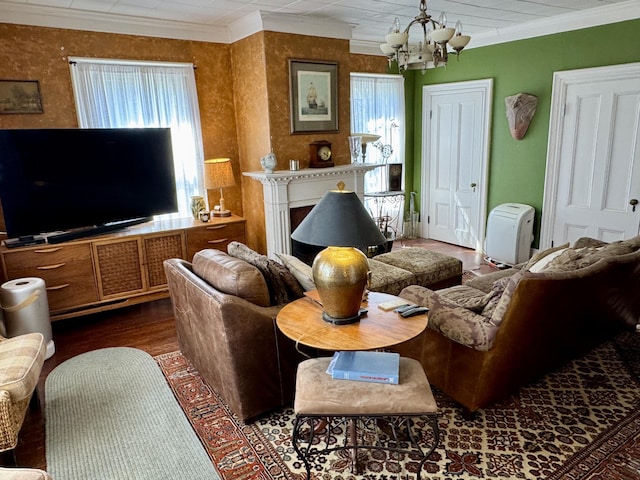 17 Boynton St, Eastport, ME 04631 - living area with ornamental molding, a chandelier, and dark wood-style floors