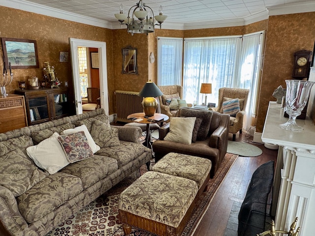 17 Boynton St, Eastport, ME 04631 - living room featuring a chandelier, crown molding, and wood-type flooring