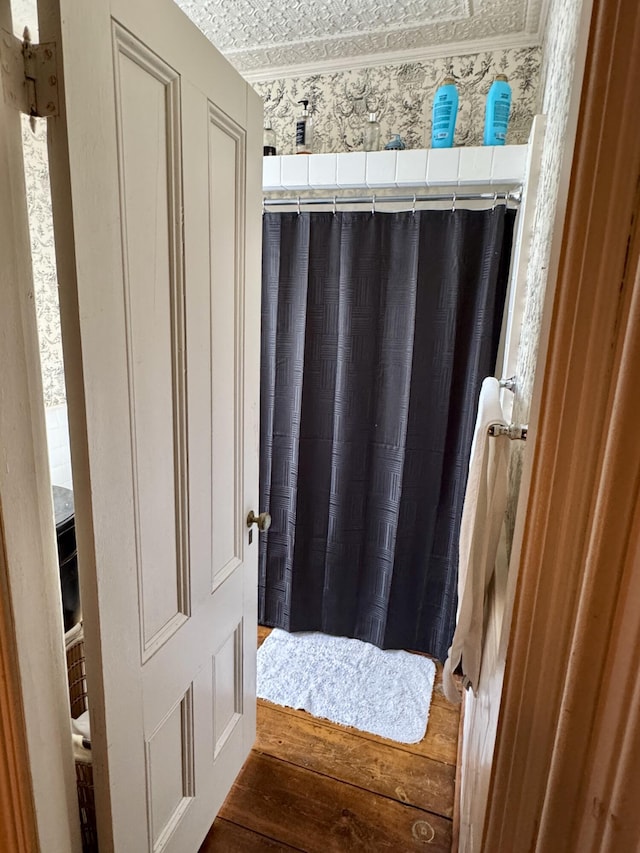 17 Boynton St, Eastport, ME 04631 - bathroom with hardwood / wood-style flooring and a shower with curtain