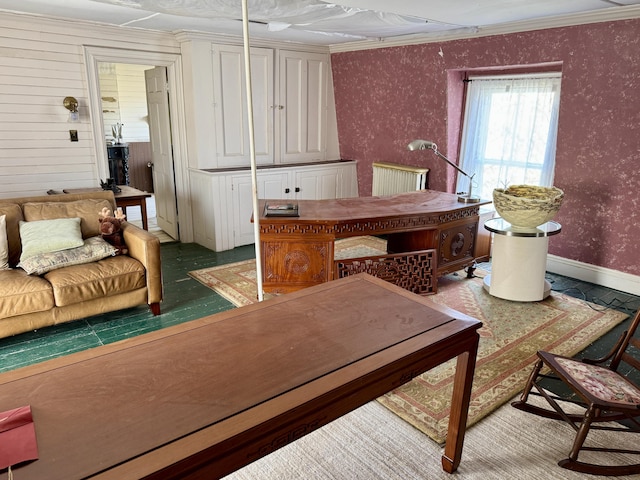 17 Boynton St, Eastport, ME 04631 - home office with wallpapered walls, crown molding, and baseboards
