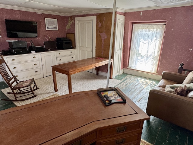 17 Boynton St, Eastport, ME 04631 - living room featuring crown molding, light colored carpet, and baseboards