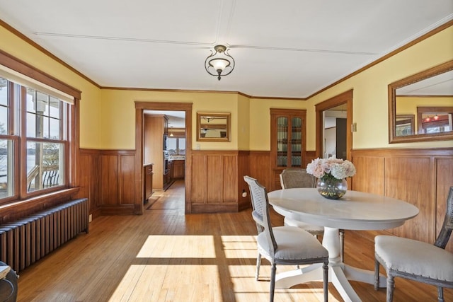 47 Atlantic Ave, Boothbay Harbor, ME 04538 - dining area with crown molding, wainscoting, radiator heating unit, and hardwood / wood-style floors