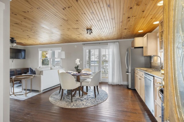 47 Atlantic Ave, Boothbay Harbor, ME 04538 - dining area featuring crown molding, dark wood-style flooring, and wooden ceiling