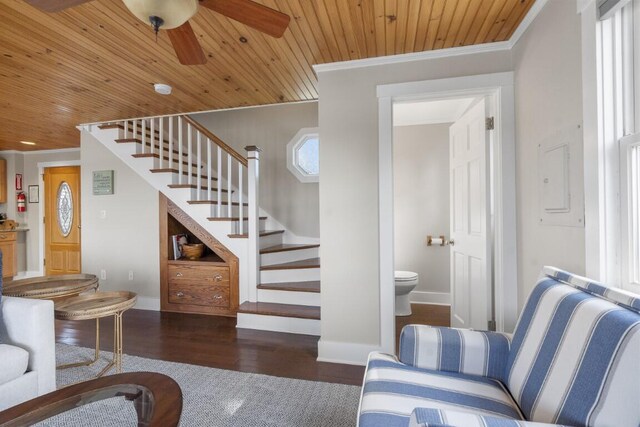 47 Atlantic Ave, Boothbay Harbor, ME 04538 - living area featuring baseboards, ornamental molding, stairs, and ceiling fan