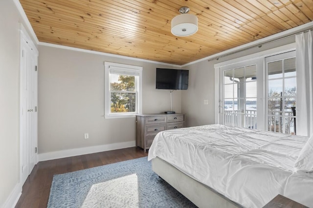 47 Atlantic Ave, Boothbay Harbor, ME 04538 - bedroom featuring crown molding, wood finished floors, access to exterior, baseboards, and wooden ceiling