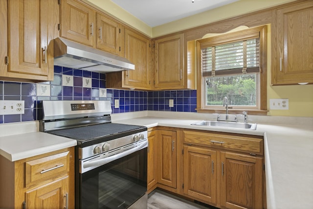 84 Old Carriage Rd Unit 84, Auburn, ME 04210 - kitchen with stainless steel range, under cabinet range hood, light countertops, and backsplash
