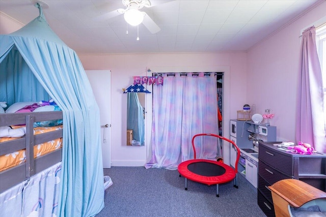 433 N Union Rd, Union, ME 04862 - carpeted bedroom featuring crown molding and a ceiling fan