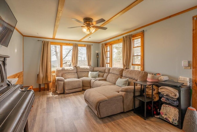 433 N Union Rd, Union, ME 04862 - living room featuring ornamental molding, light wood-style flooring, and ceiling fan