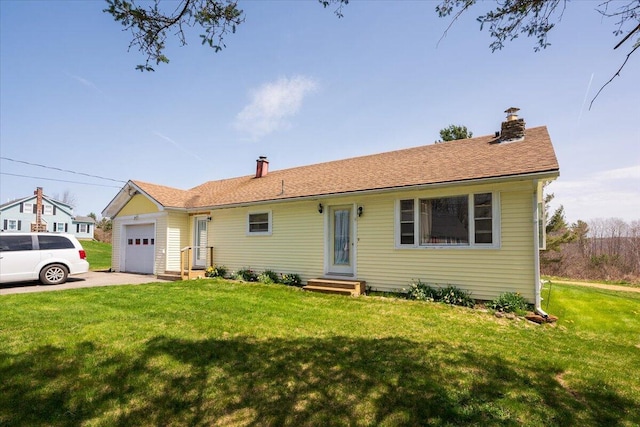 433 N Union Rd, Union, ME 04862 - single story home with a garage, a front lawn, driveway, and a chimney