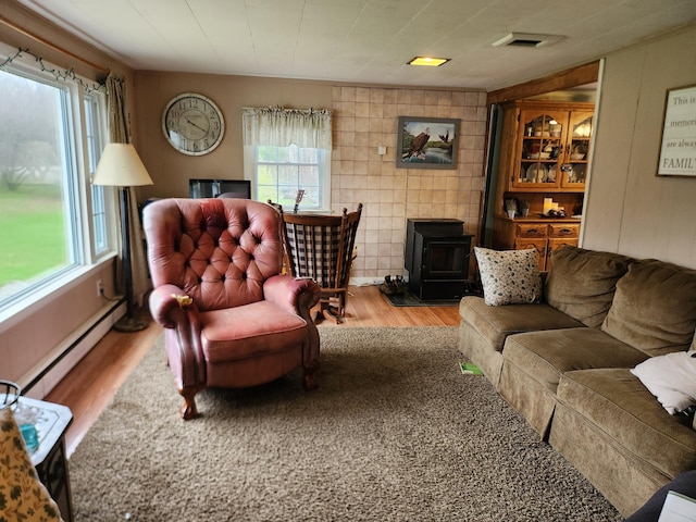 53 Village Rd, Stetson, ME 04488 - living area featuring a wood stove, a baseboard heating unit, and wood finished floors