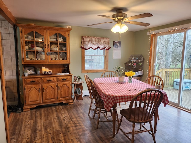 53 Village Rd, Stetson, ME 04488 - dining space featuring dark wood-style floors and ceiling fan