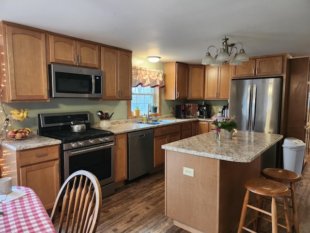53 Village Rd, Stetson, ME 04488 - kitchen featuring appliances with stainless steel finishes, a sink, dark wood-style floors, a breakfast bar area, and a center island