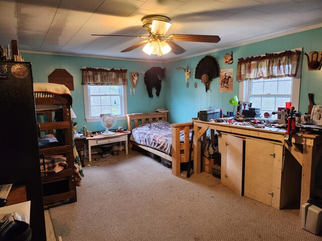 53 Village Rd, Stetson, ME 04488 - bedroom with ornamental molding, light colored carpet, a ceiling fan, and a workshop area