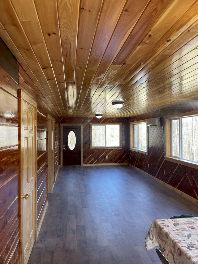 144 Redneck Rd, Starks, ME 04911 - foyer entrance with wood ceiling, wooden walls, and dark wood-style floors