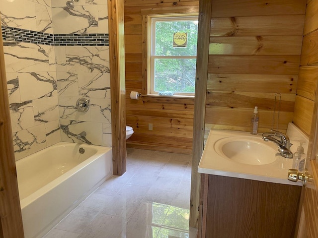 144 Redneck Rd, Starks, ME 04911 - bathroom with vanity, bathtub / shower combination, and wooden walls
