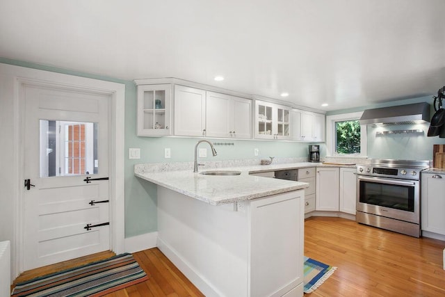 kitchen with wall chimney range hood, light wood-type flooring, a sink, a peninsula, and electric stove