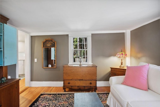 living area with baseboards and wood finished floors
