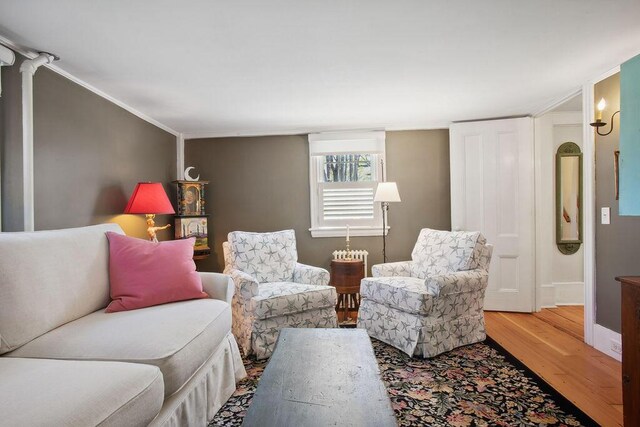 living area featuring crown molding, baseboards, and wood finished floors