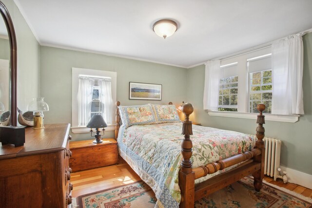 bedroom featuring wood finished floors, radiator heating unit, and multiple windows