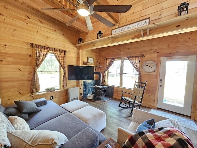 living room featuring a healthy amount of sunlight, a wood stove, and wood walls