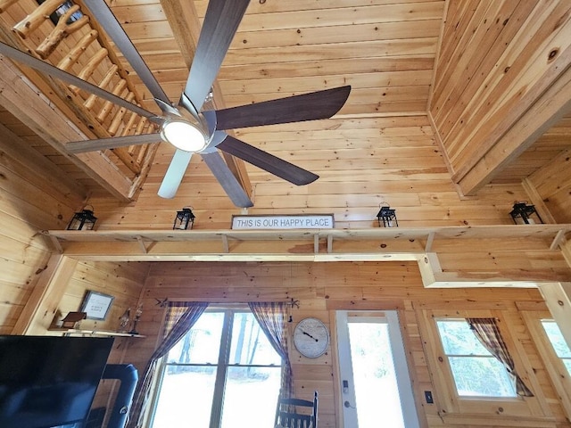 room details featuring wood walls, wood ceiling, and a ceiling fan