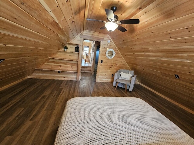 bedroom featuring wooden ceiling, hardwood / wood-style flooring, vaulted ceiling, and wood walls
