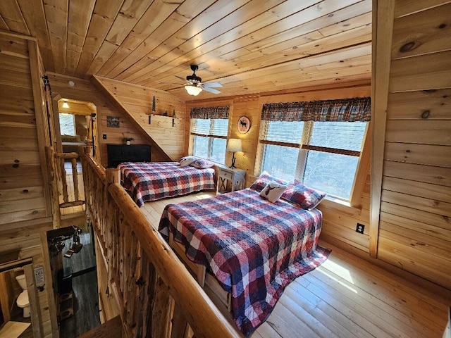 bedroom featuring wood walls, hardwood / wood-style floors, and wooden ceiling