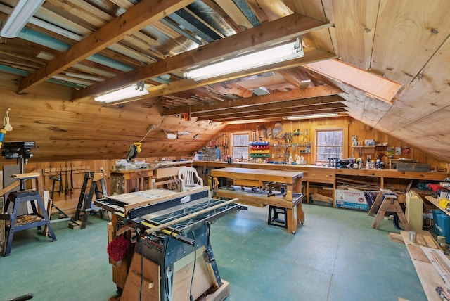 33 Smith Rd, Hallowell, ME 04347 - game room featuring vaulted ceiling, wood walls, and a workshop area