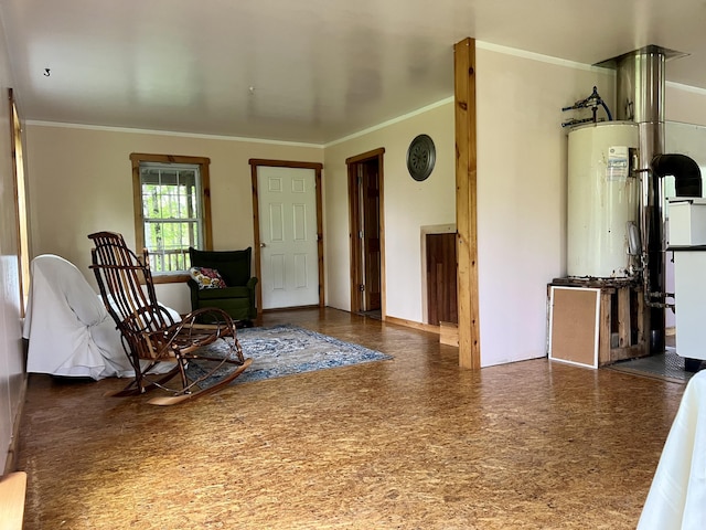 142 Palmer Rd, Thorndike, ME 04986 - living area featuring electric water heater and crown molding